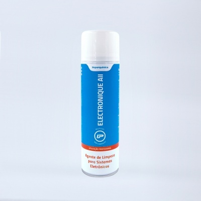 frasco branco com rótulo azul de agente de limpeza para eletrónicos