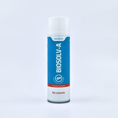 frasco de spray azul e branco com tampa branca e rótulo BIOSOLV-A
