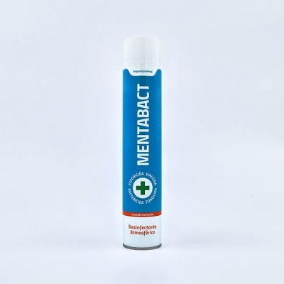 Frasco de spray desinfetante atmosférico MENTABACT com rótulo azul e branco