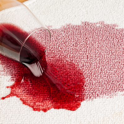 Copo de vidro derramando vinho tinto sobre tapete branco felpudo