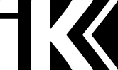 Logotipo branco das letras IK sobre fundo preto