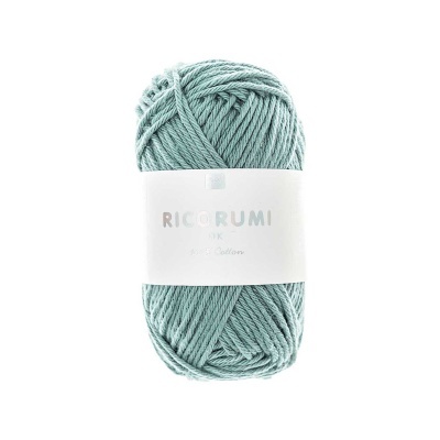 Novelo de fio verde-água com etiqueta branca Ricorumi DK Past Cotton