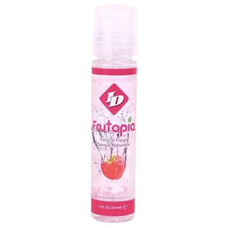 Frasco de lubrificante pessoal Frutopia de 30 ml com rótulo rosa e tampa transparente.