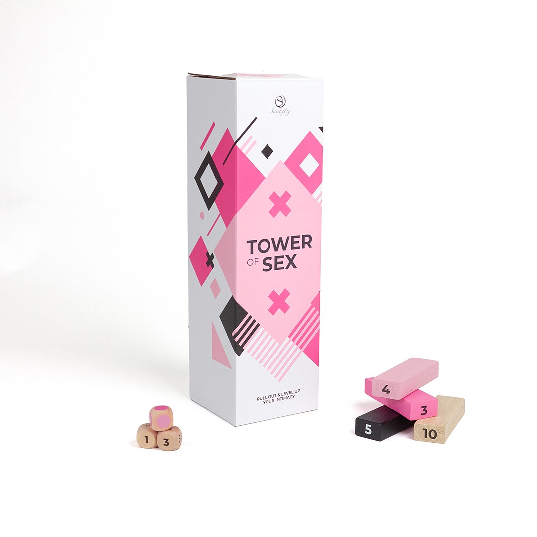 Jogo Tower of Sex com peças de madeira coloridas e embalagem decorada