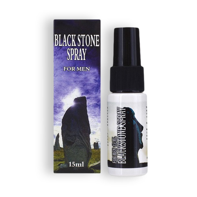 Frasco branco de spray com embalagem preto e roxo, texto black stone spray for men 15ml.