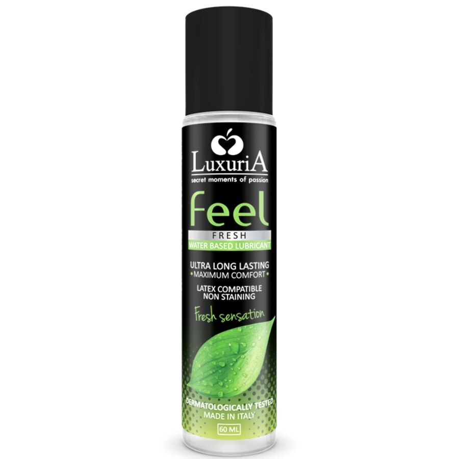 Frasco de lubrificante Luxuria Feel Fresh preto e verde com texto em inglês