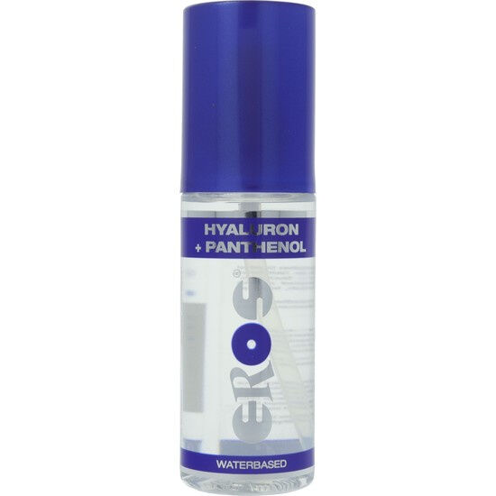 Frasco plástico transparente com tampa azul e rótulo HYALURON + PANTHENOL