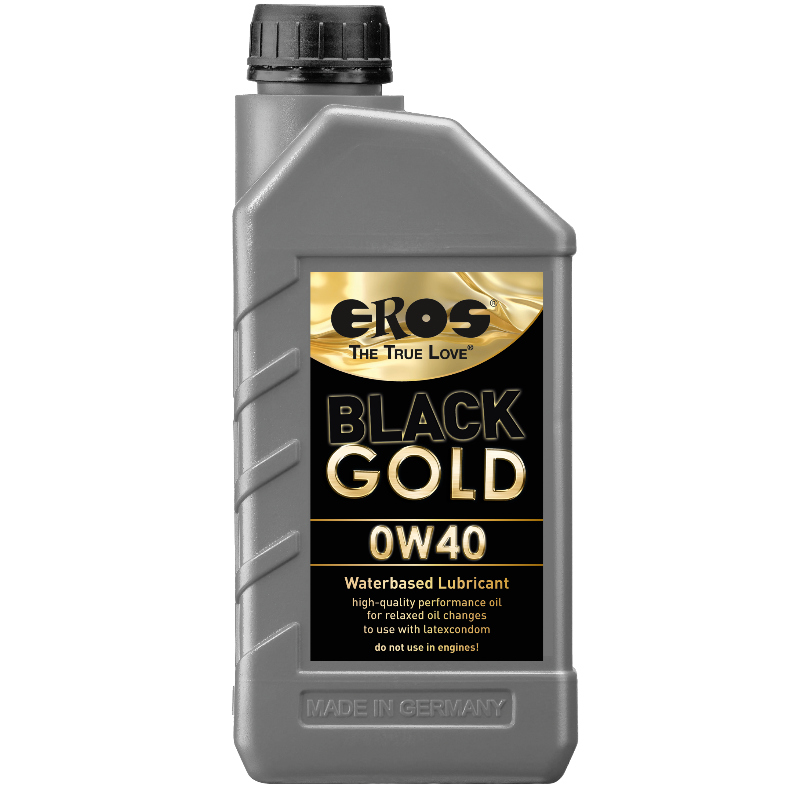 Frasco cinzento de lubrificante à base de água EROS BLACK GOLD 0W40 com rótulo preto e dourado