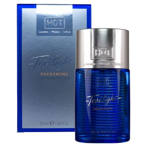 Frasco e embalagem de perfume Twilight Pheromone da HOT, azul e prateado