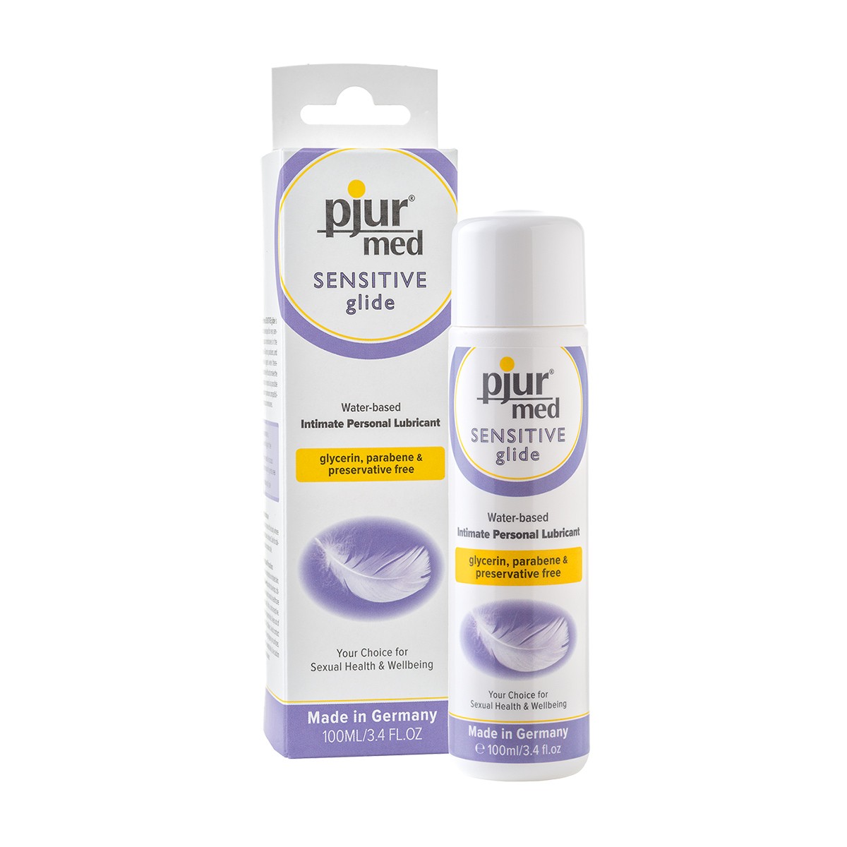 Lubrificante íntimo pjur med Sensitive glide embalagem branca e roxa