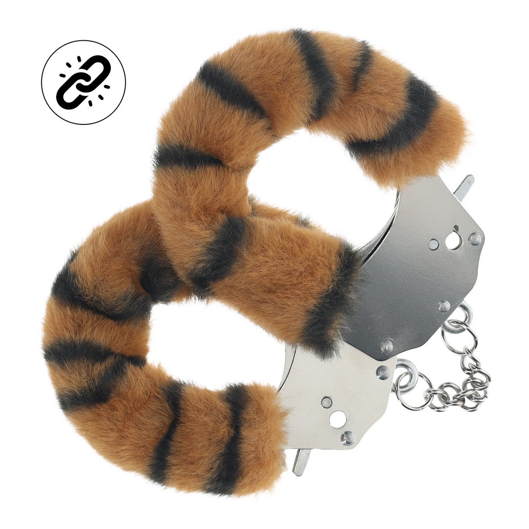 Algemas metálicas com revestimento felpudo castanho e preto tipo tigre