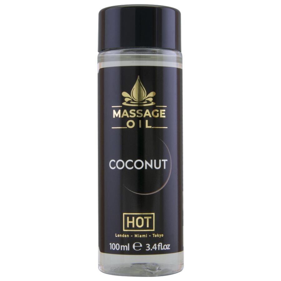 Frasco de óleo para massagem sabor coco com rótulo preto e dourado