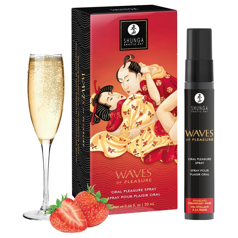 Spray oral Shunga Waves of Pleasure com caixa artística, taça de champanhe e morangos