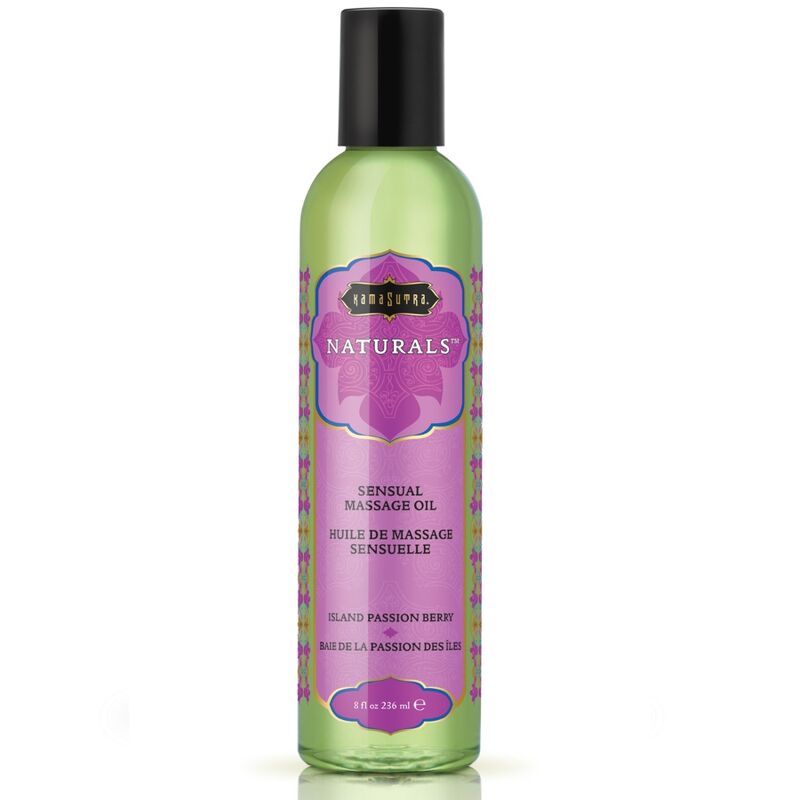 Frasco verde de óleo de massagem sensorial com rótulo violeta e tampa preta.