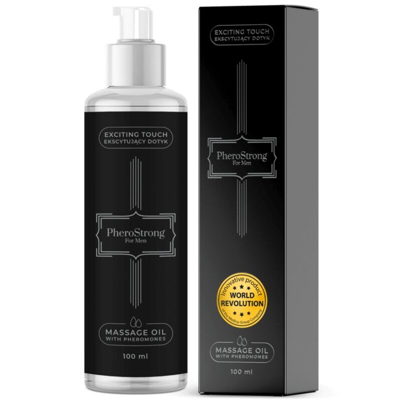 Frasco e caixa preta de óleo de massagem PheroStrong para homens, 100 ml