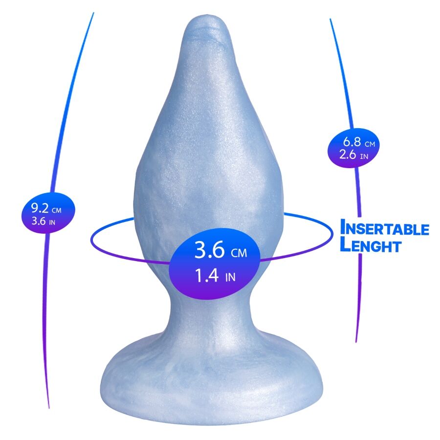 Plug anal em silicone azul com medidas indicadas em centímetros e polegadas