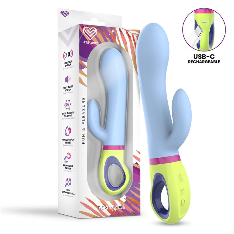 Vibrador azul claro com base amarela e detalhes coloridos em embalagem