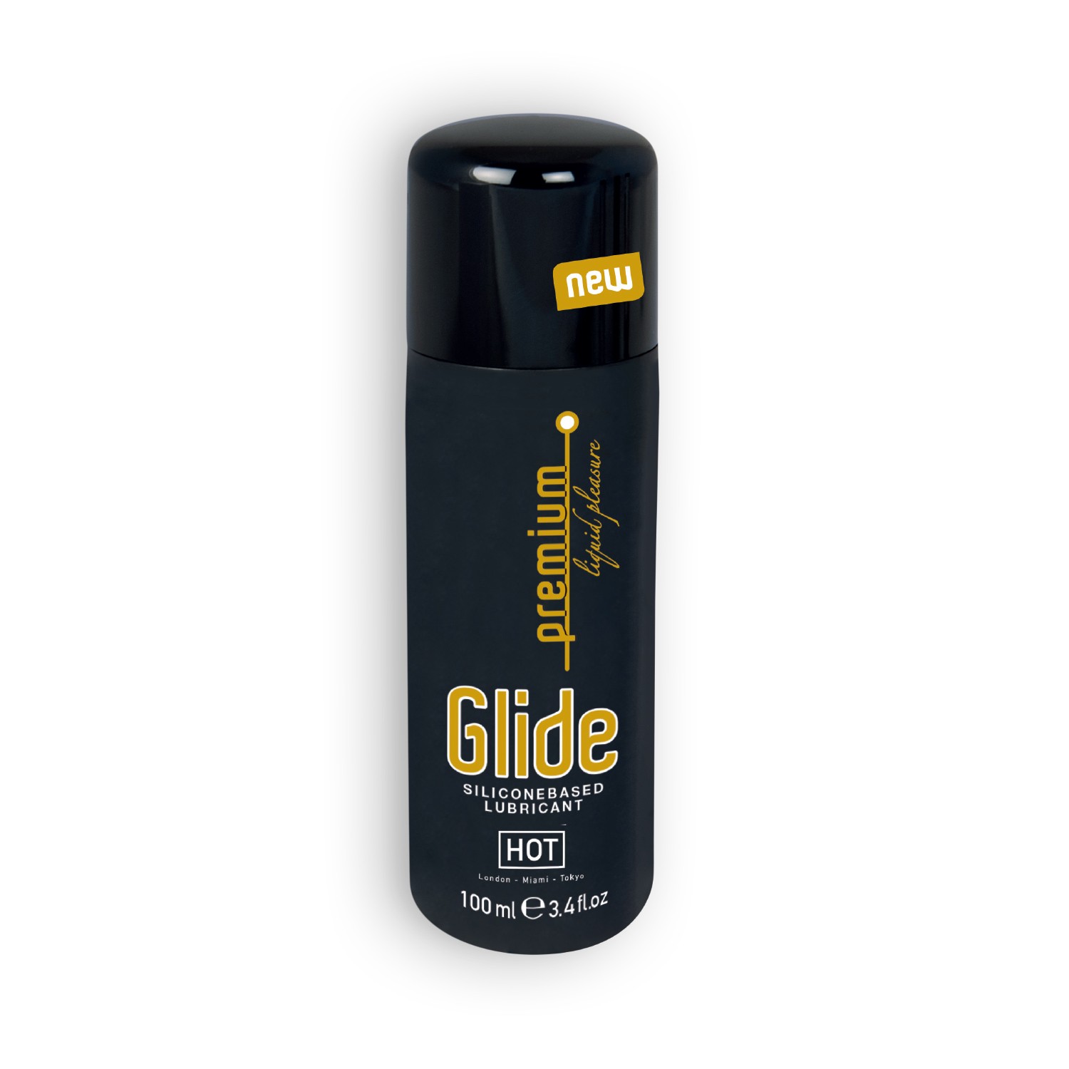 Frasco preto de lubrificante à base de silicone com tampa preta e texto dourado e branco