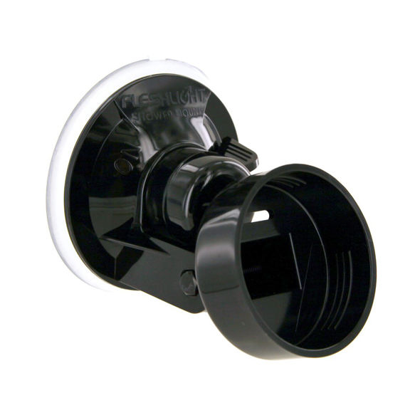 Suporte de parede preto em plástico com ventosa branca e inscrição FLESHLIGHT SUCTION MOUNT