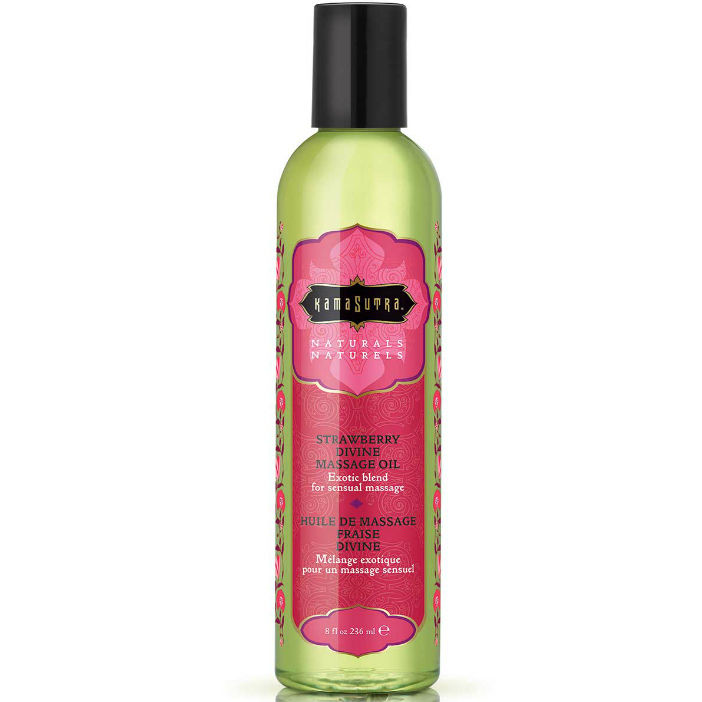 Frasco de óleo de massagem Kama Sutra com rótulo rosa e tampa preta
