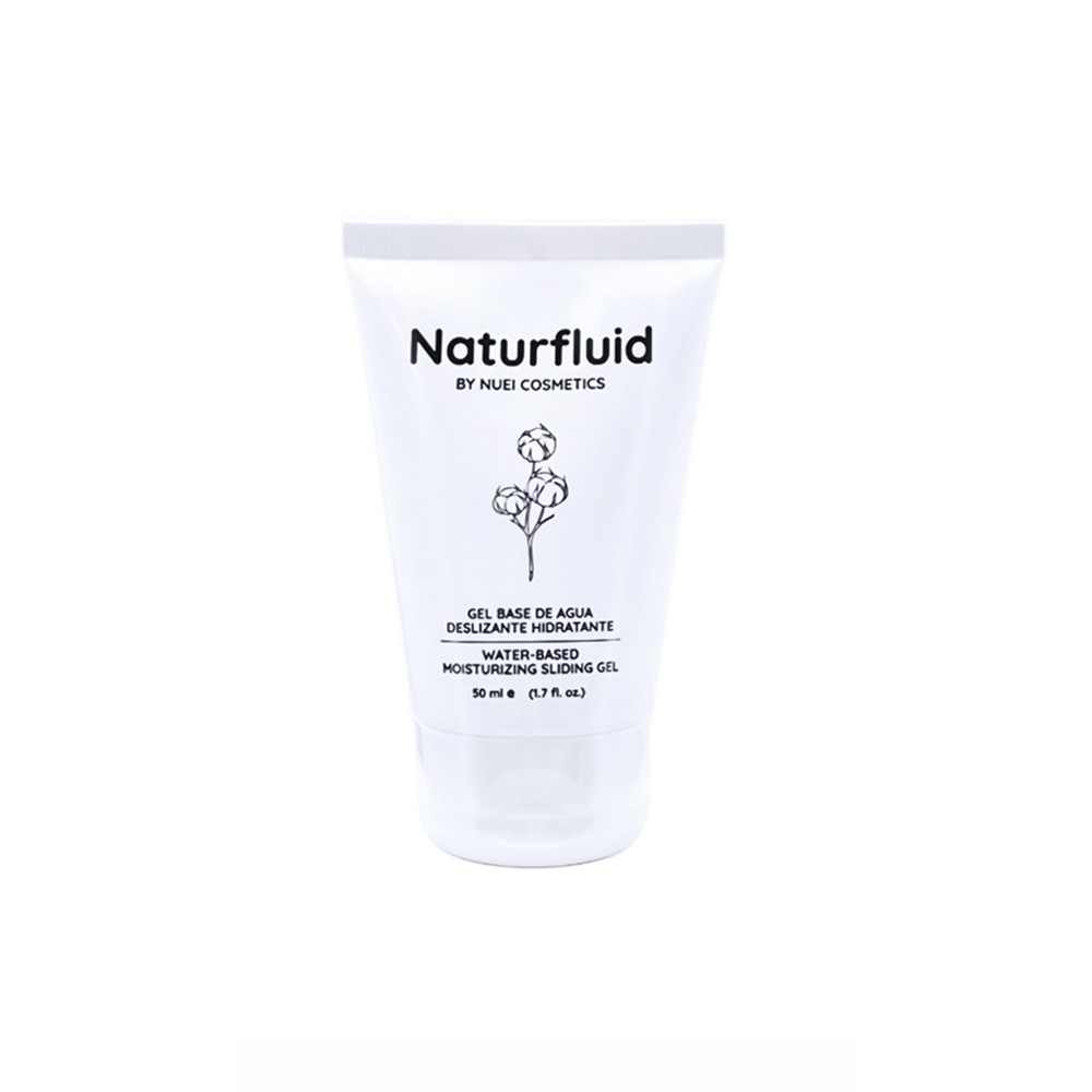 Frasco branco de gel hidratante Naturfluid com texto e desenho de algodão