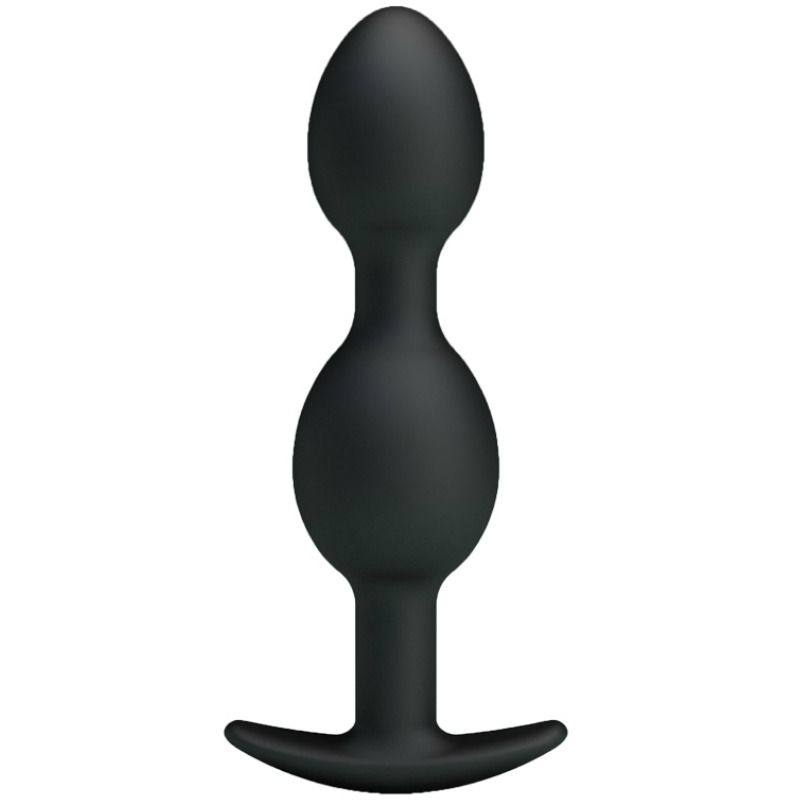 Plug anal preto de silicone com duas bolas e base em forma de T