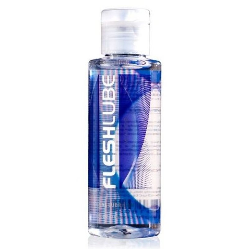 Frasco de lubrificante transparente com líquido azul e rótulo FLESHLUBE