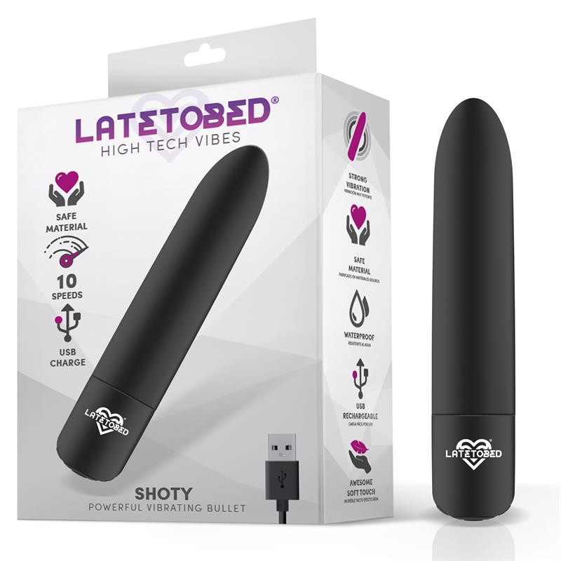 Vibrador bullet preto LATETOBED com embalagem branca e texto roxo