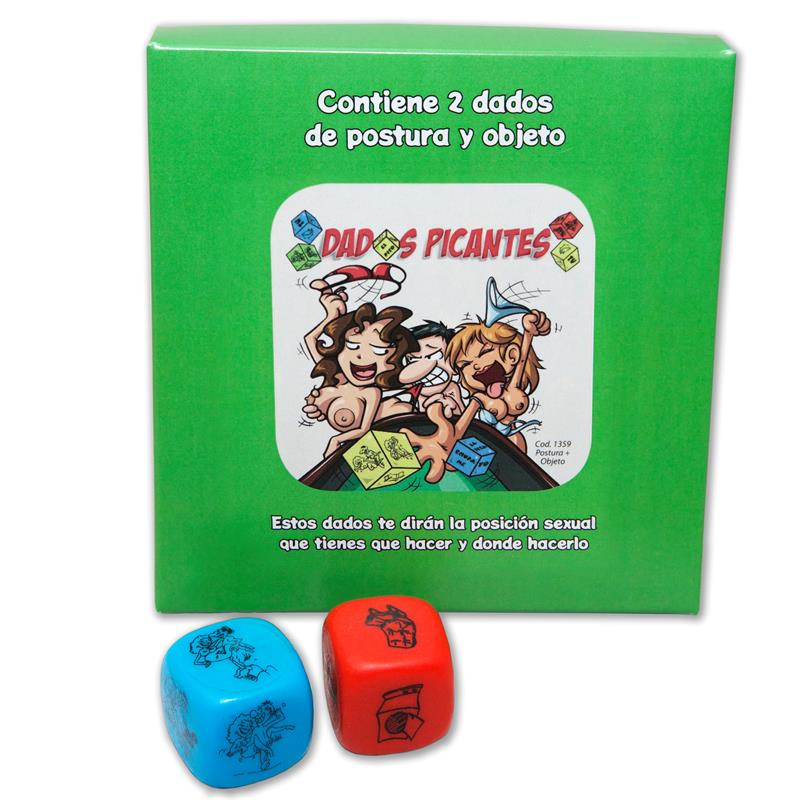 Jogo erótico com dois dados coloridos e caixa verde com texto em espanhol