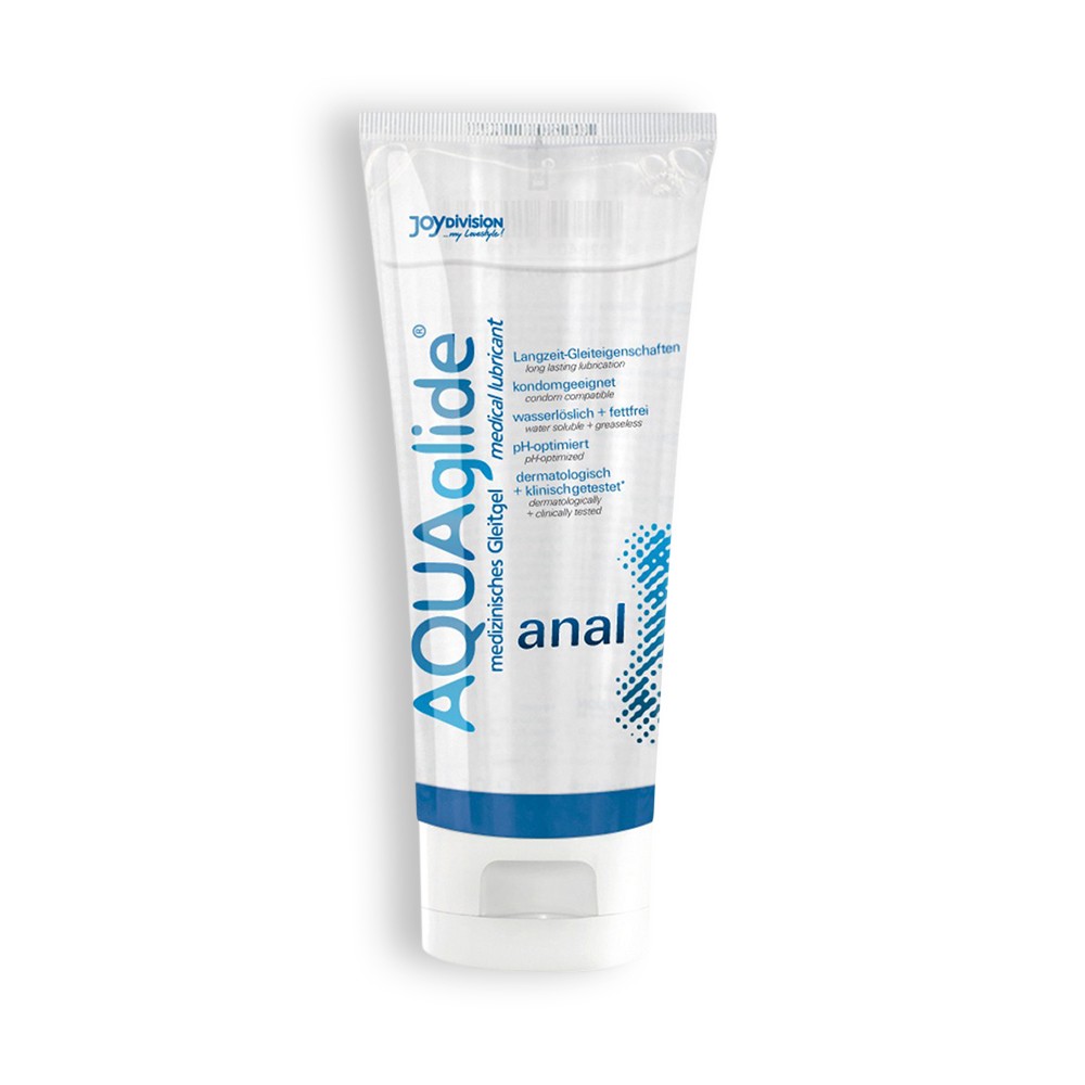 Frasco de lubricante médico AQUAglide anal com rótulo azul e branco