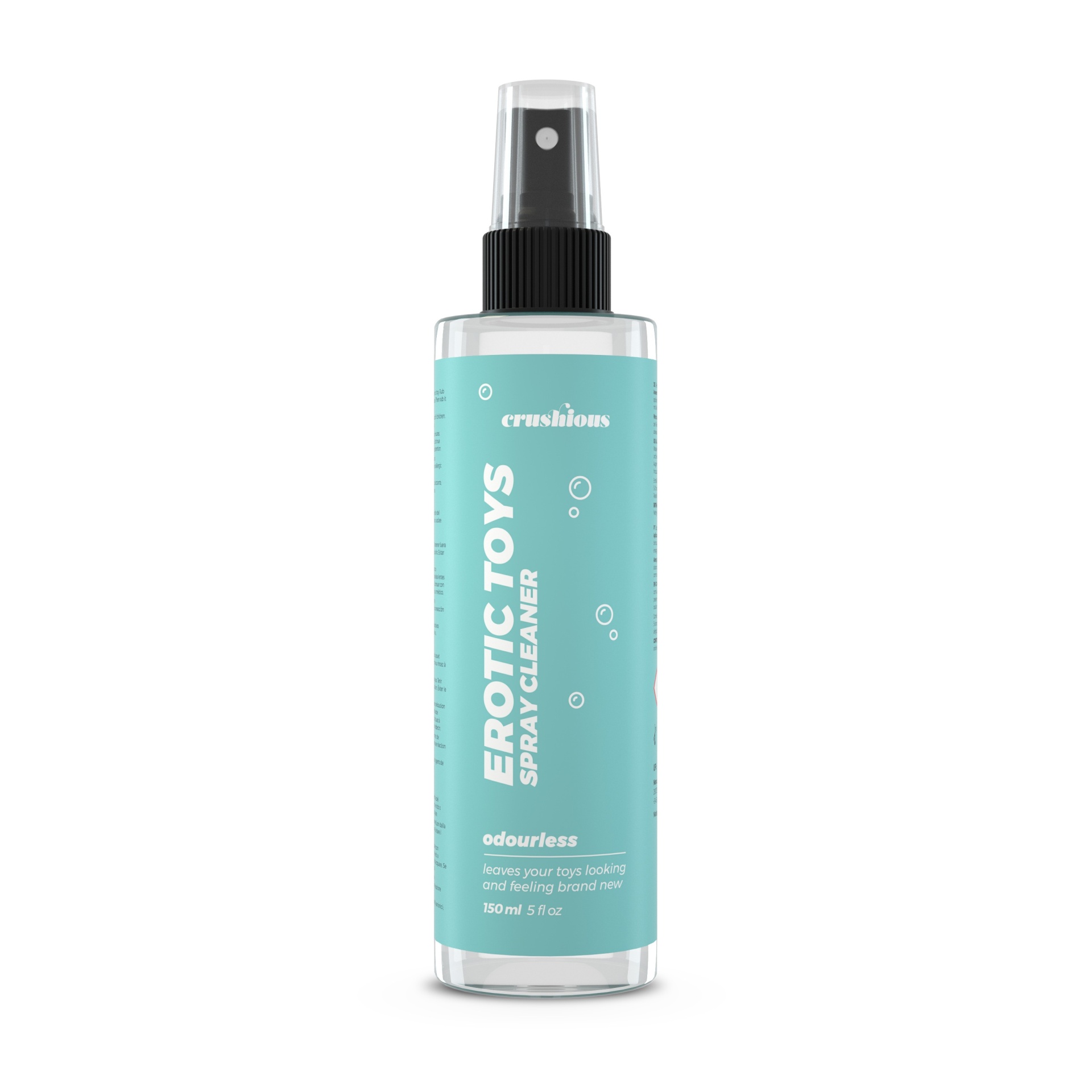 Frasco de spray com rótulo azul e texto branco para limpeza de brinquedos eróticos