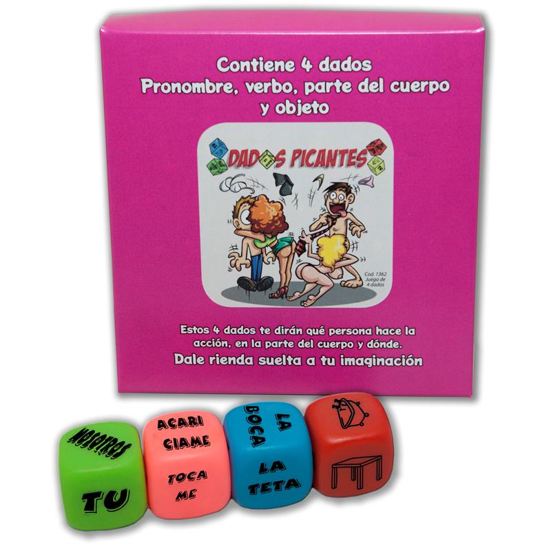 caixa rosa com texto espanhol e quatro dados coloridos para jogo adulto