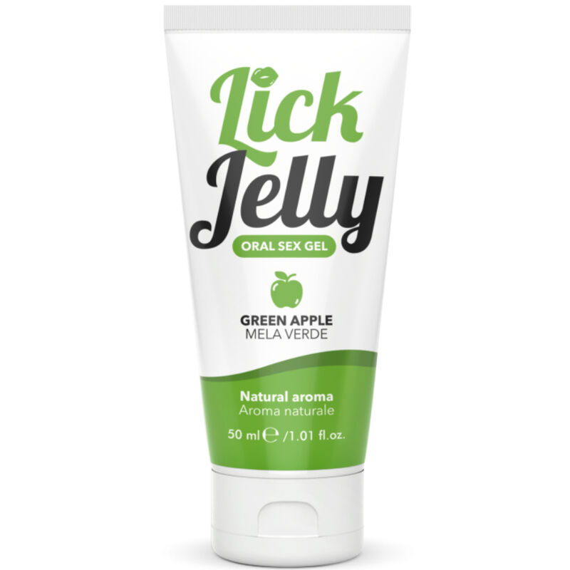 Gel oral Lick Jelly maçã verde em tubo branco e verde