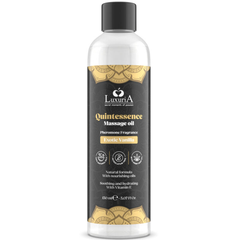Frasco de óleo de massagem Luxuria Quintessence Vanilla Exótica com rótulo preto e dourado