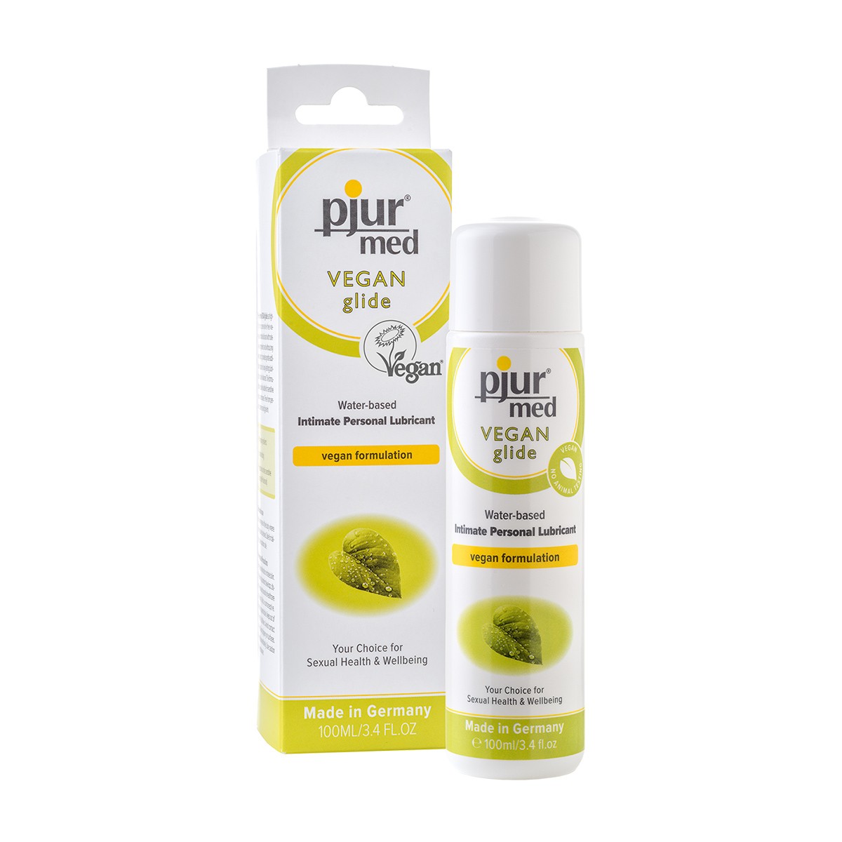 Lubrificante íntimo à base de água pjur med VEGAN glide em embalagem branca e amarela com selo vegan