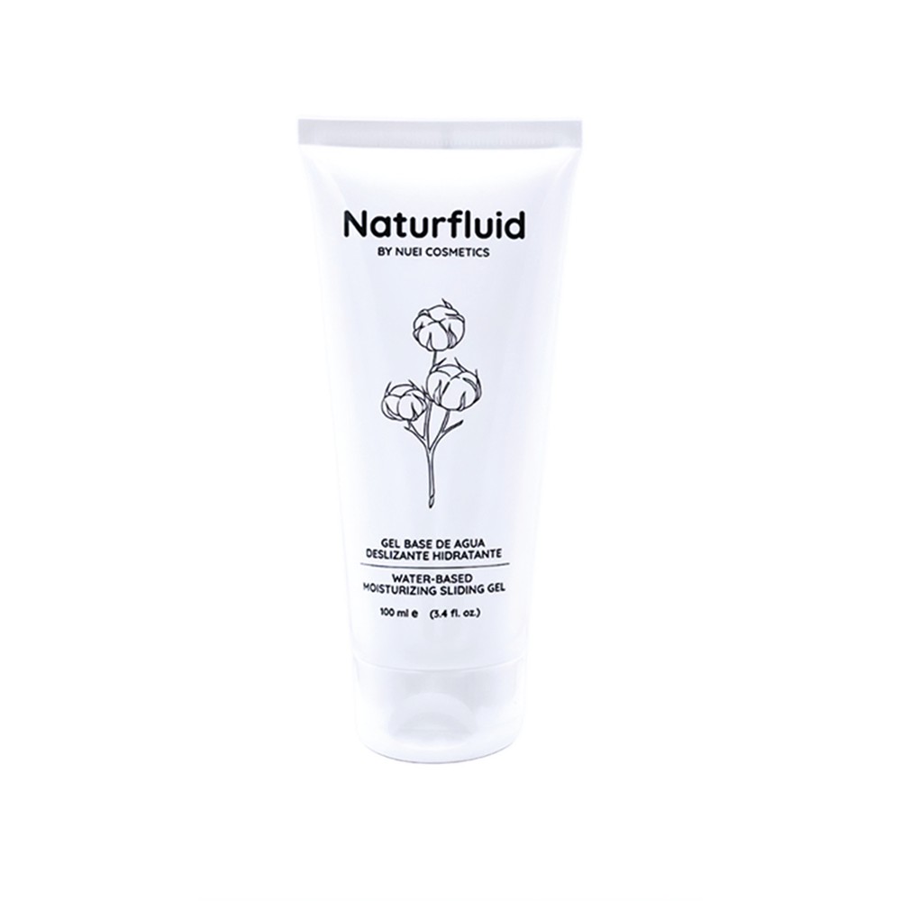 Frasco branco de gel hidratante deslizante Naturfluid com desenho de algodão e texto em português e inglês