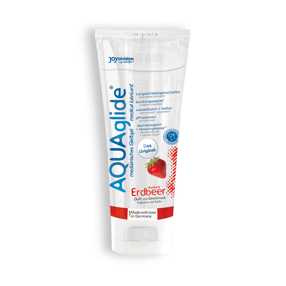 Tubo branco de lubrificante médico AQUAglide com imagem de morango e texto em azul e vermelho
