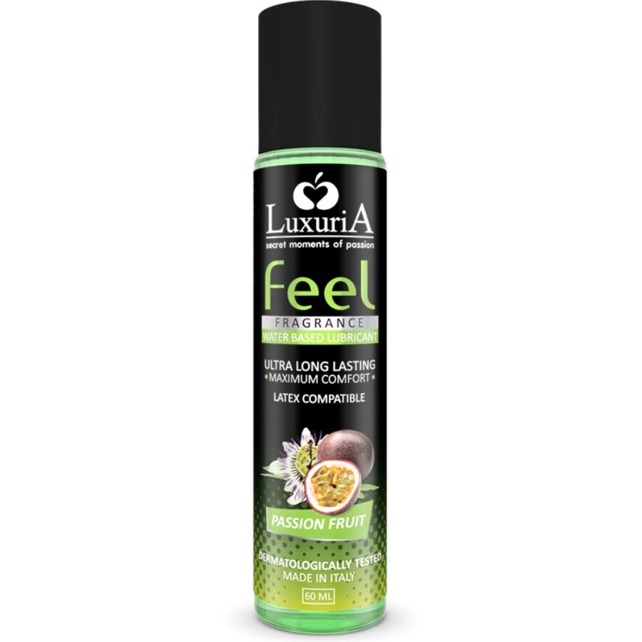 Frasco de lubrificante Luxuria Passion Fruit, 60 ml, preto e verde