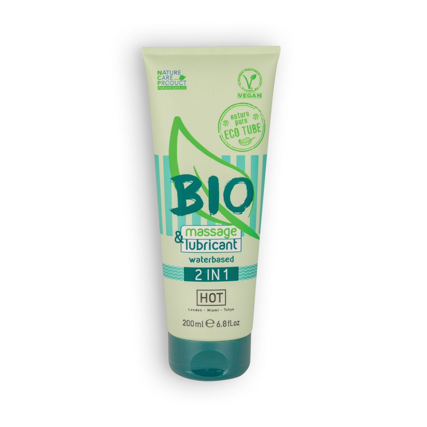 Tubo de gel ou creme verde e creme com texto BIO, massage & lubricant, VEGAN.