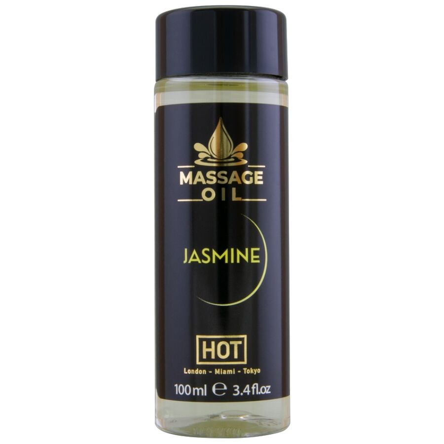 Frasco de óleo de massagem jasmin com tampa preta e rótulo preto com texto dourado e amarelo.