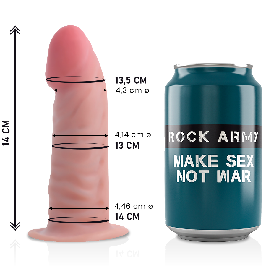 Dildo cor de pele com dimensões e lata azul com texto ROCK ARMY MAKE SEX NOT WAR