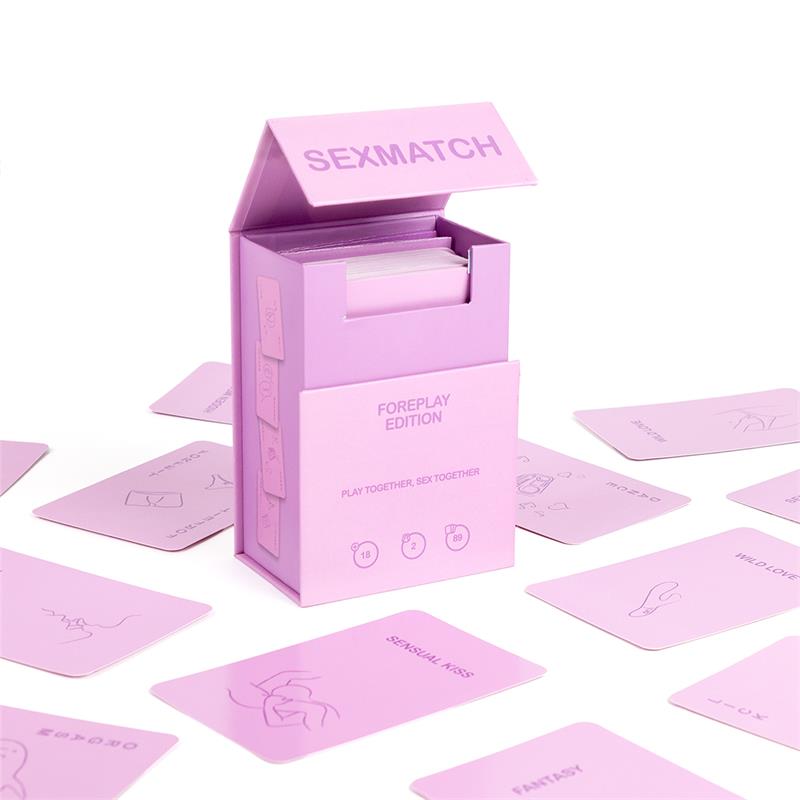 Jogo de cartas cor-de-rosa SEXMATCH FOREPLAY EDITION com cartas espalhadas e desenhos simples