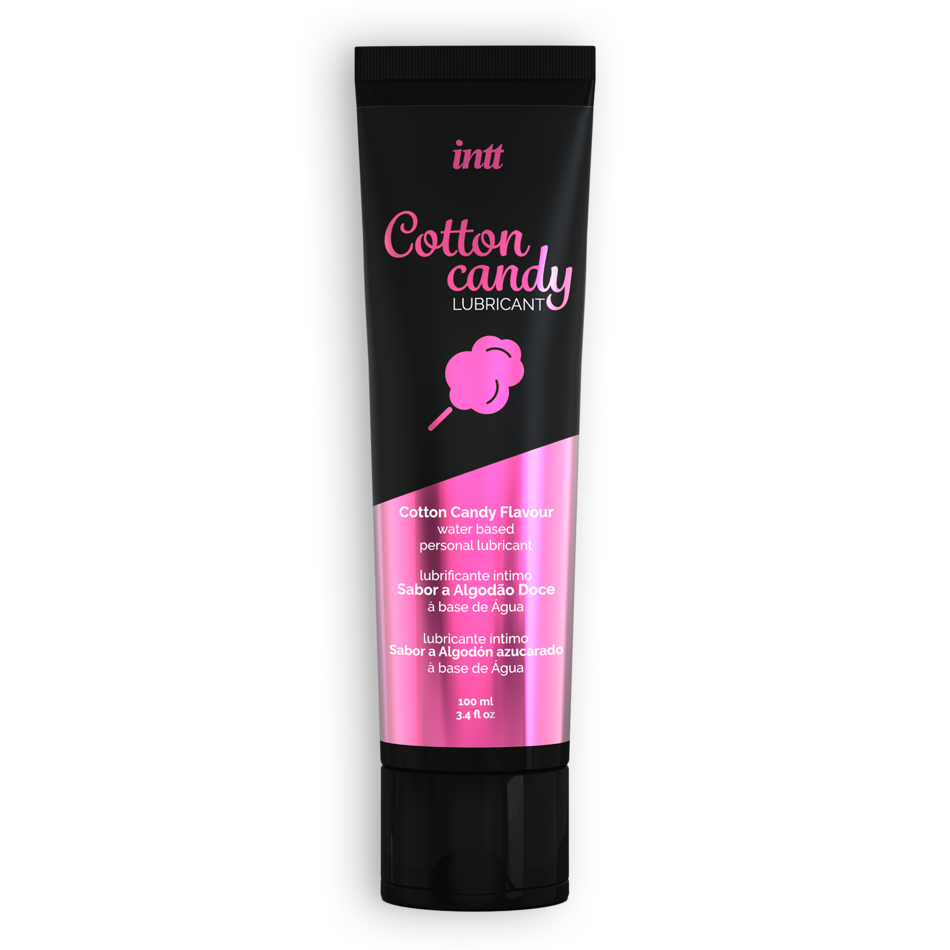 Frasco preto e rosa de lubrificante íntimo sabor algodão doce