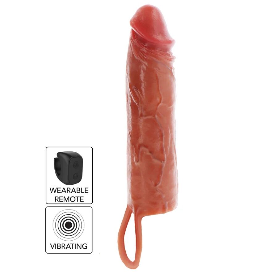 Produto em silicone cor de pele com textura realista e função vibratória e controlo remoto
