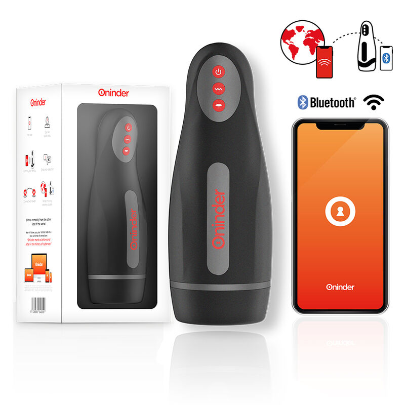 Dispositivo preto Oninder com botões vermelhos, caixa branca e smartphone com app Oninder aberta