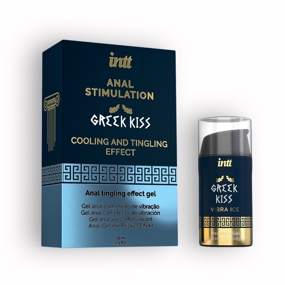 Gel anal intt Greek Kiss embalagem azul escura e azul clara com texto dourado