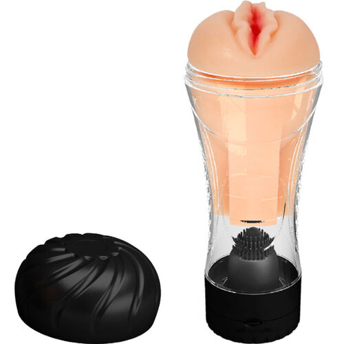 Masturbador masculino com capa transparente, base preta e tampa preta removível