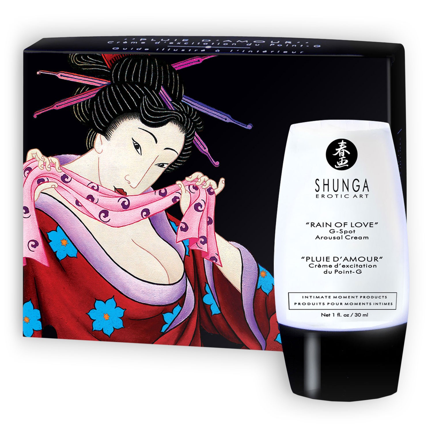 Embalagem de creme com arte japonesa e texto SHUNGA EROTIC ART