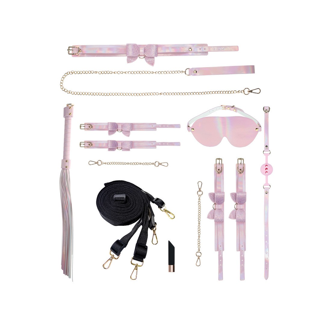 Conjunto de acessórios iridescentes rosa claro com detalhes dourados e pretos para uso pessoal