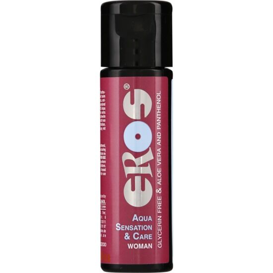 Frasco pequeno de produto Eros Aqua Sensation & Care Woman com etiqueta bordô e cinza.